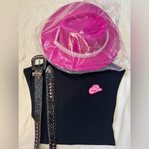 NWT Pink cowboy girl hat (and black and pink rhinestone belt)